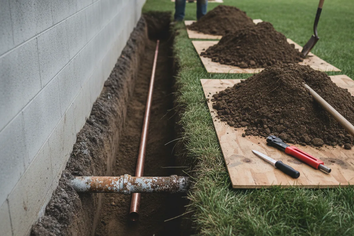 Excavated water line trench during Water Softener Installation in Forestdale